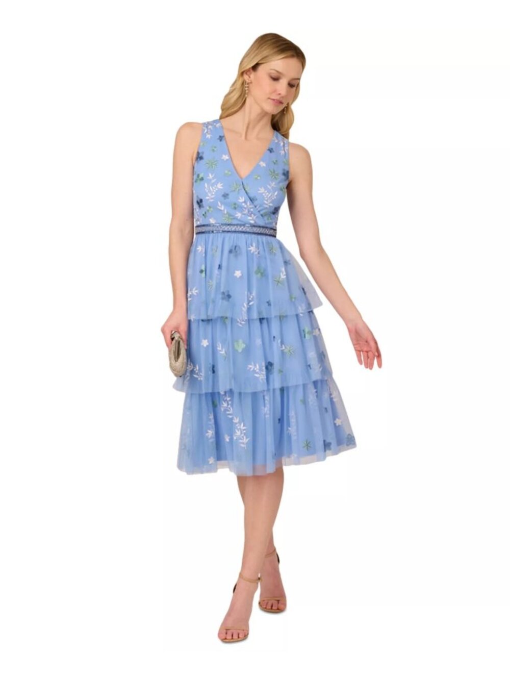 NWT Adrianna Papell Beaded Tiered Mesh Dress Blue Womens Size US 6